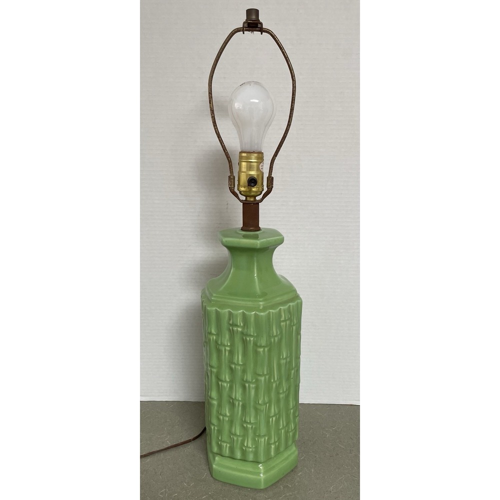 Vtg Green Faux Bamboo Ceramic Lamp‎ 60s MCM Hollywood Regency No Shade